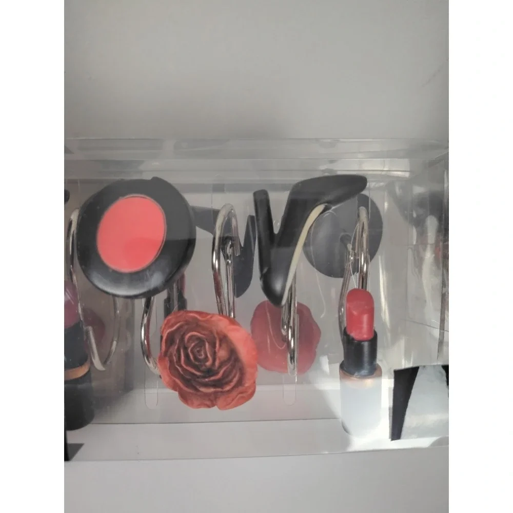 Glam Shower Curtain Hooks‎ Set Lipstick Heels Rose Bath Decor Fashion Vanity